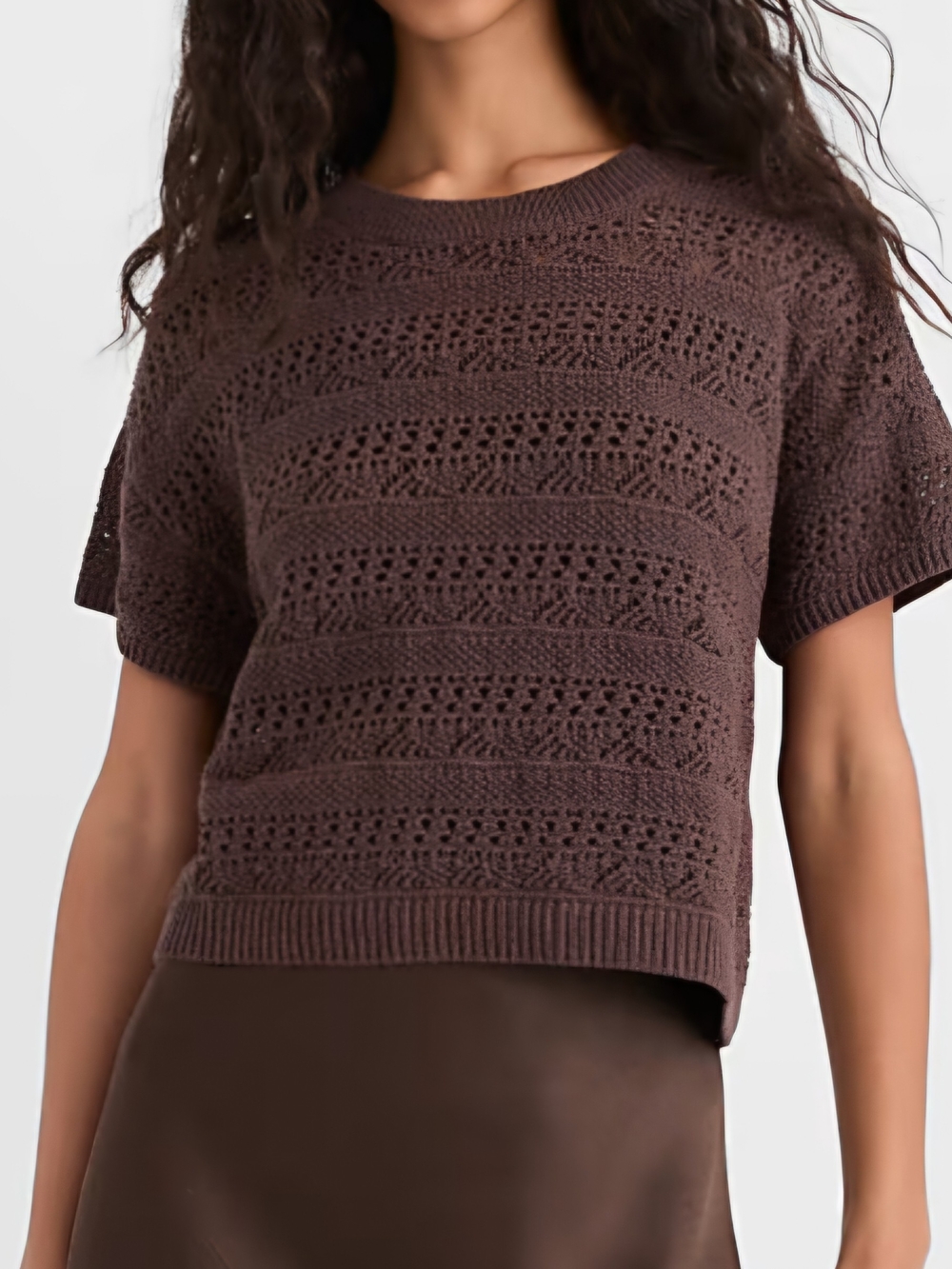 LOFT Deepest Brown Pointelle Knit Short Sleeve Sweater Tee - Picture 6 of 9